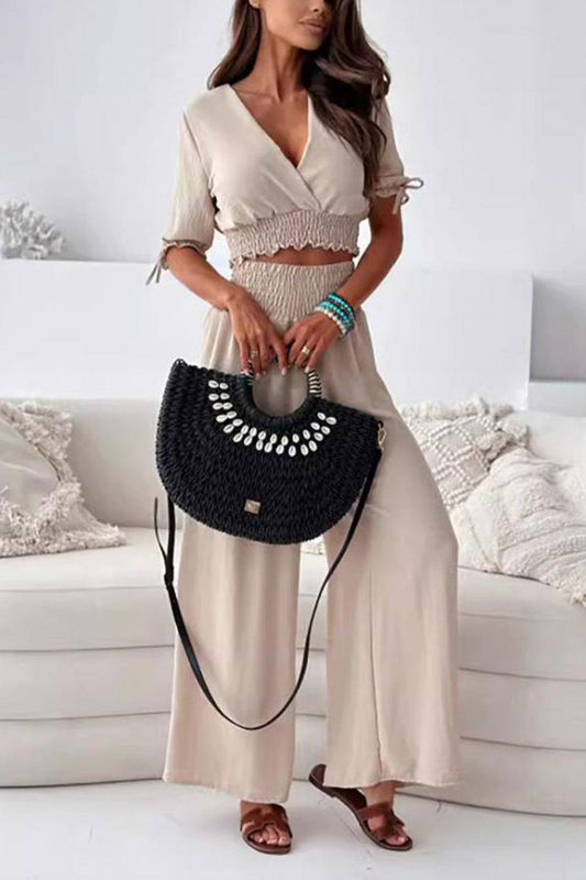 Surplice Short Sleeve Top and Pants Set - Clothes For Her Online Store