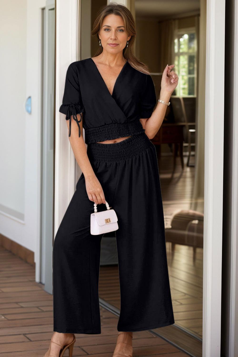 Surplice Short Sleeve Top and Pants Set - Clothes For Her Online Store