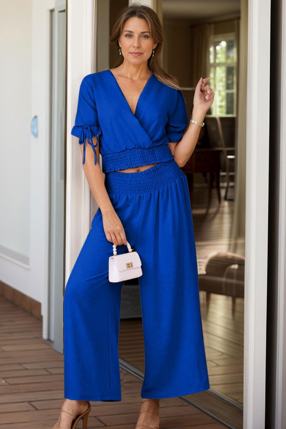Surplice Short Sleeve Top and Pants Set - Clothes For Her Online Store