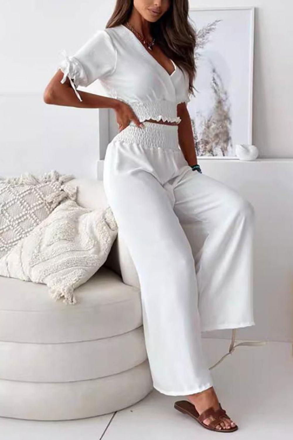 Surplice Short Sleeve Top and Pants Set - Clothes For Her Online Store