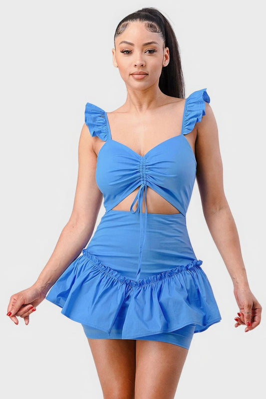 Sweetheart With Drawstring Bow Cutout Ruffled Flutter Sleeves Mini Dress - Clothes For Her Online Store