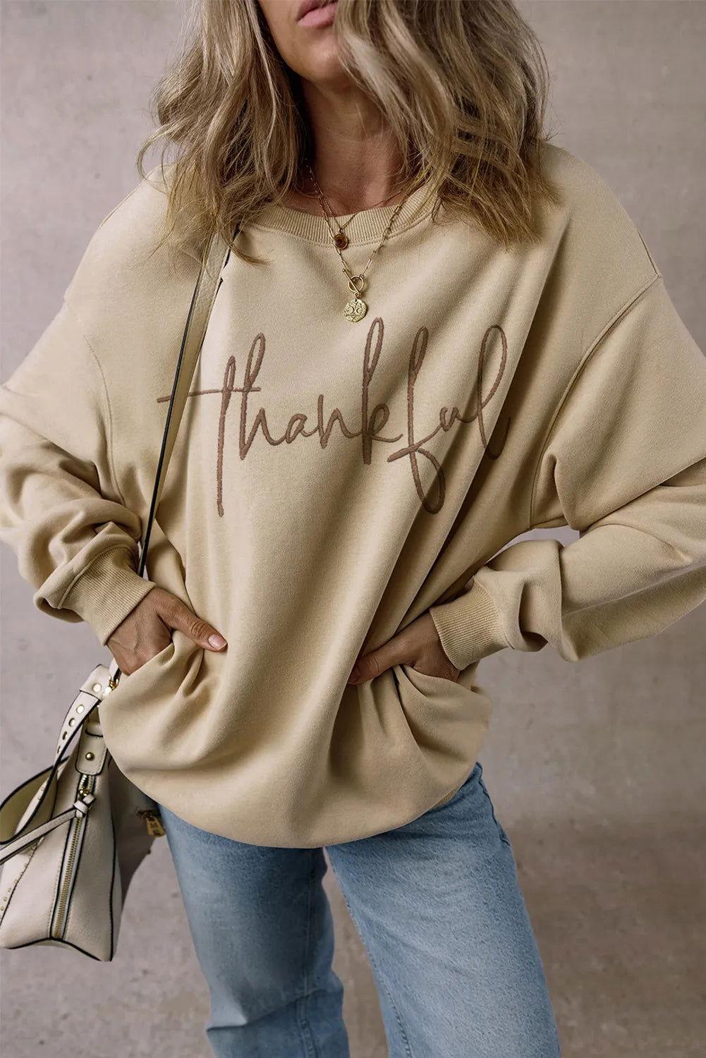 THANKFUL Round Neck Long Sleeve Sweatshirt - Clothes For Her Online Store