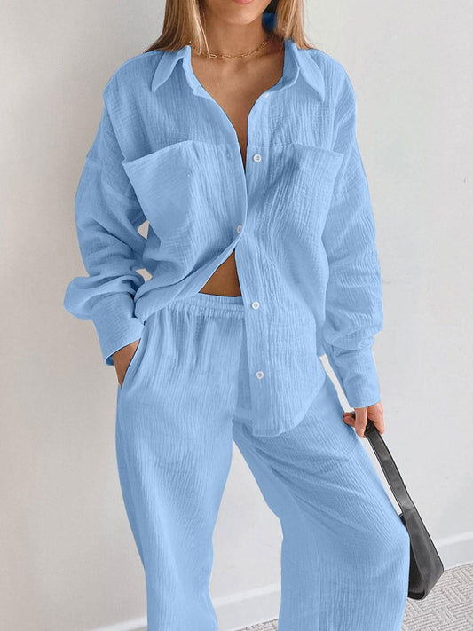 Texture Button Up Long Sleeve Shirt and Pants Set - Clothes For Her Online Store
