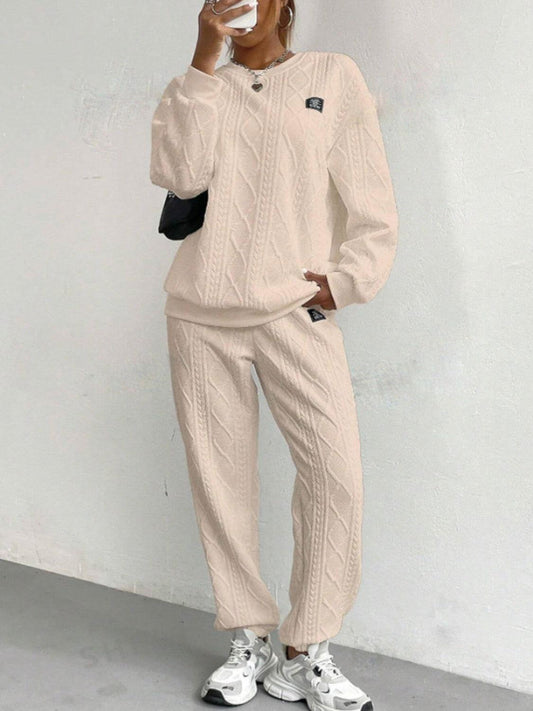 Texture Round Neck Long Sleeve Top and Pants Set - Clothes For Her Online Store