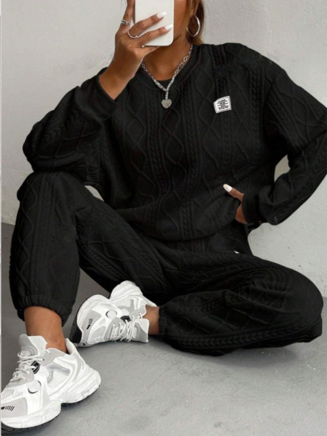 Texture Round Neck Long Sleeve Top and Pants Set - Clothes For Her Online Store