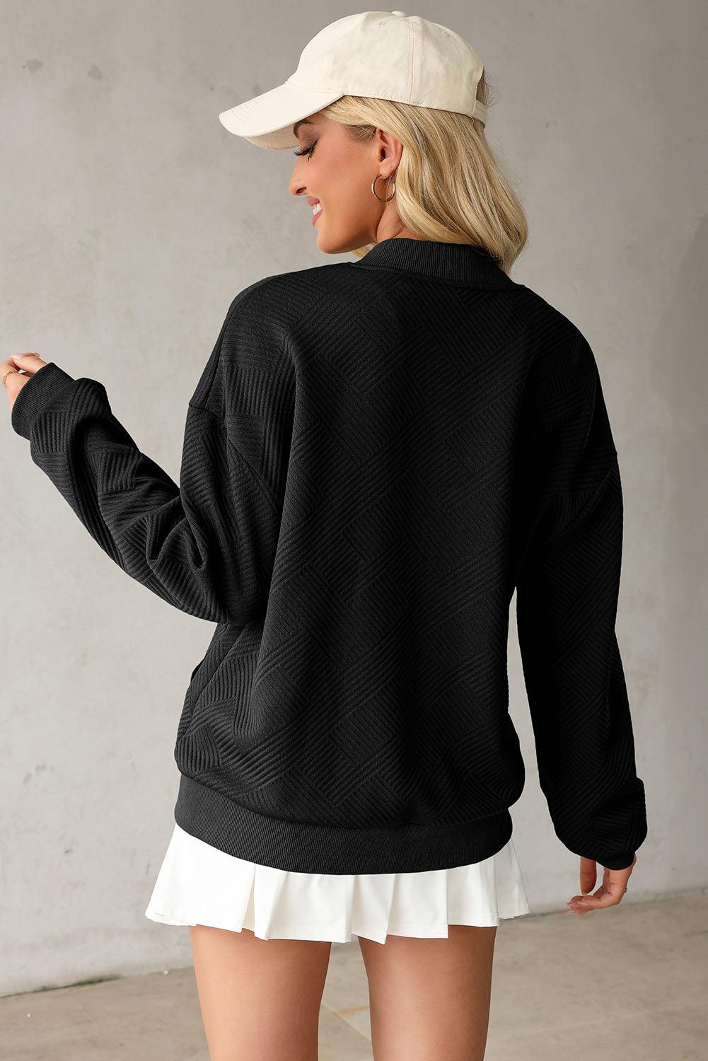 Texture Zip Up Baseball Collar Long Sleeve Jacket - Clothes For Her Online Store