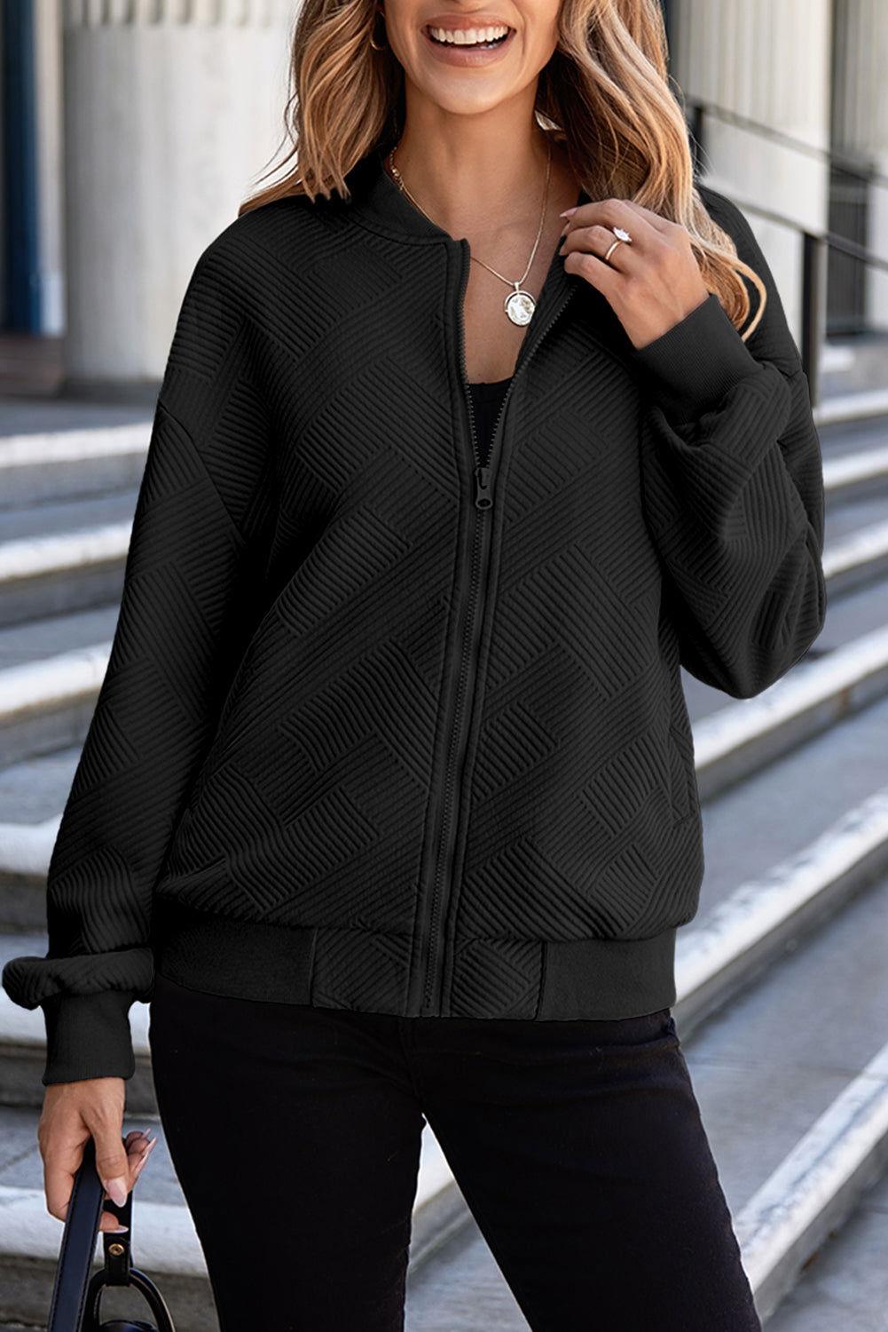 Texture Zip Up Baseball Collar Long Sleeve Jacket - Clothes For Her Online Store