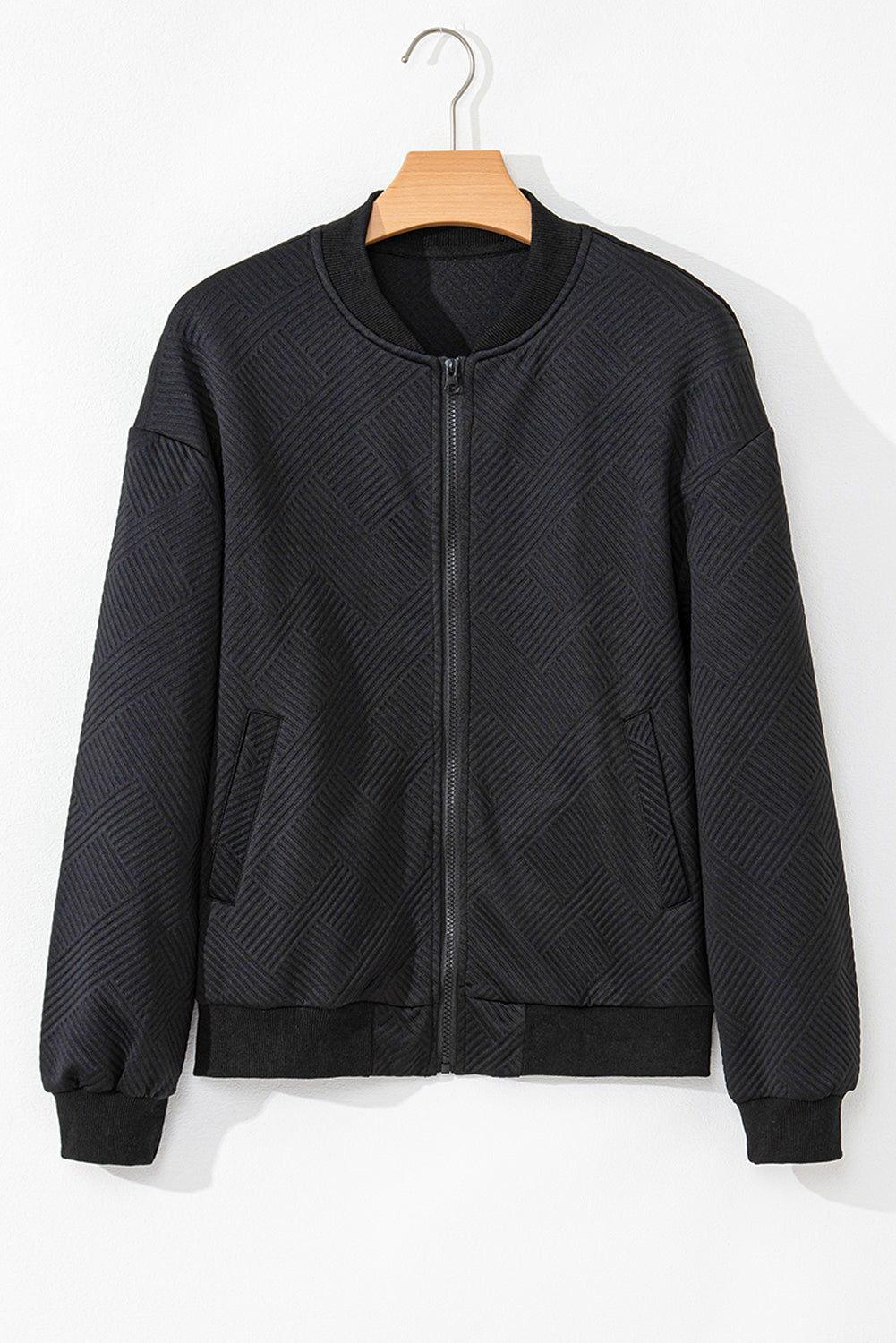 Texture Zip Up Baseball Collar Long Sleeve Jacket - Clothes For Her Online Store