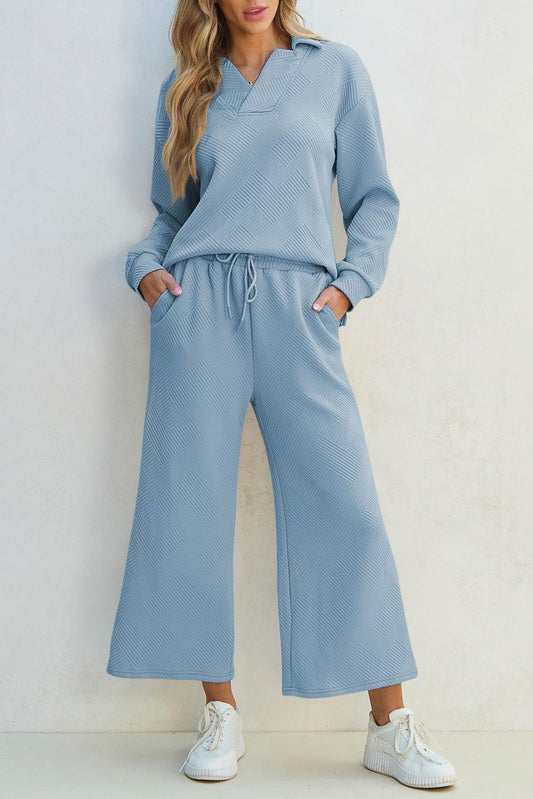 Textured Collared Neck Top and Wide Leg Pants Set - Clothes For Her Online Store