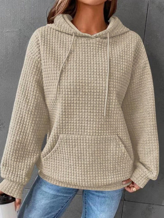 Textured Drawstring Drop Shoulder Hoodie - Clothes For Her Online Store
