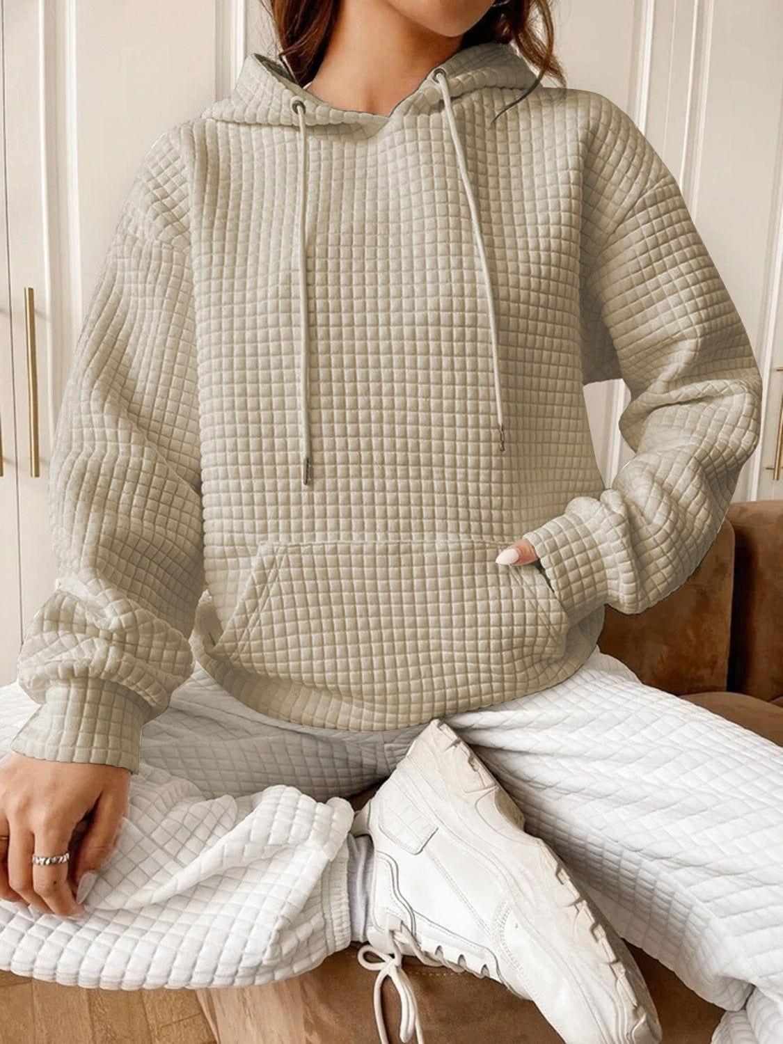Textured Drawstring Drop Shoulder Hoodie - Clothes For Her Online Store