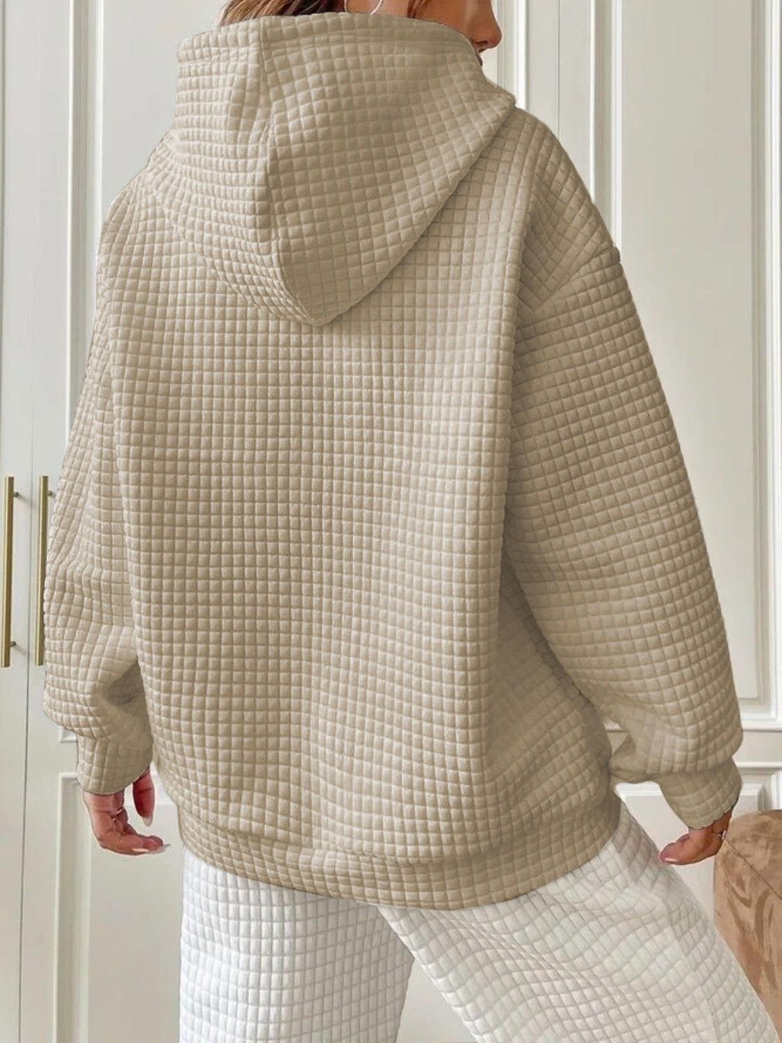 Textured Drawstring Drop Shoulder Hoodie - Clothes For Her Online Store