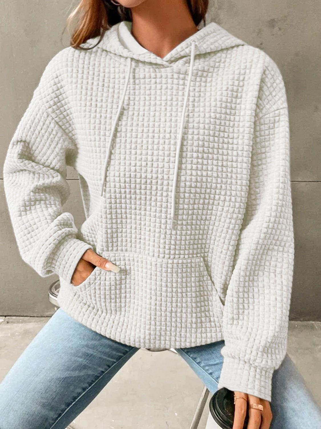 Textured Drawstring Drop Shoulder Hoodie - Clothes For Her Online Store