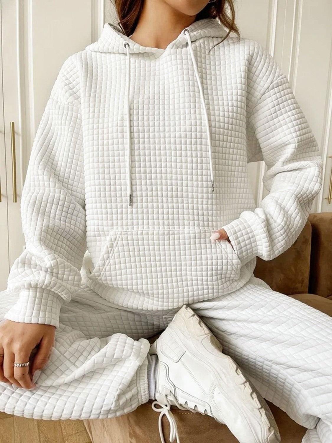 Textured Drawstring Drop Shoulder Hoodie - Clothes For Her Online Store