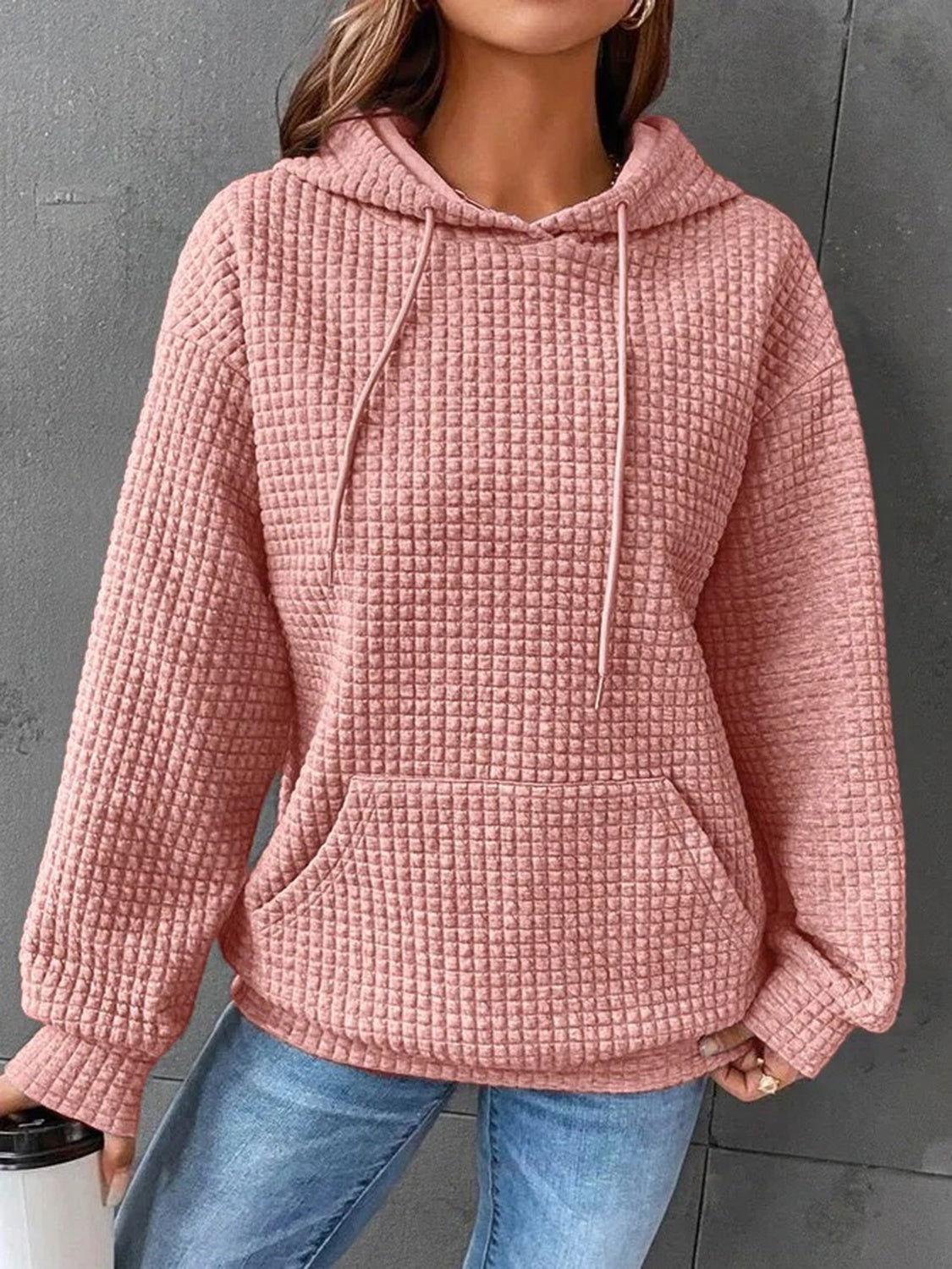 Textured Drawstring Drop Shoulder Hoodie - Clothes For Her Online Store