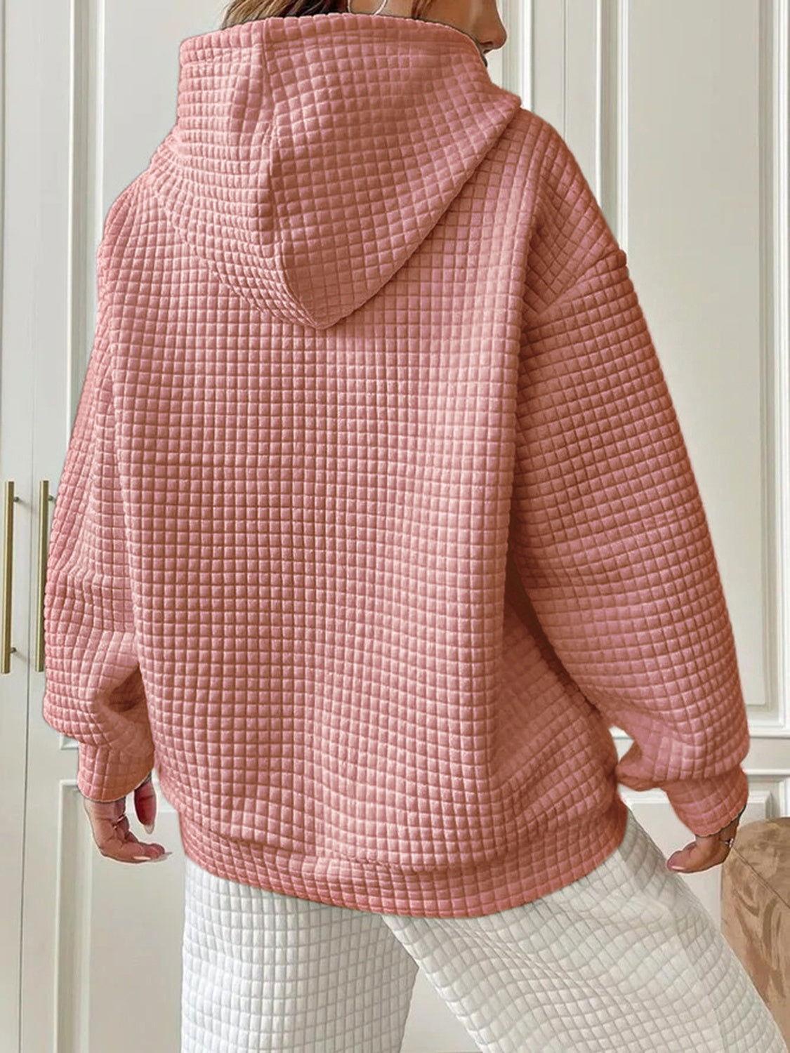 Textured Drawstring Drop Shoulder Hoodie - Clothes For Her Online Store