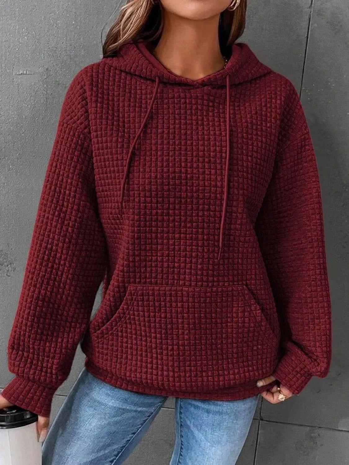 Textured Drawstring Drop Shoulder Hoodie - Clothes For Her Online Store