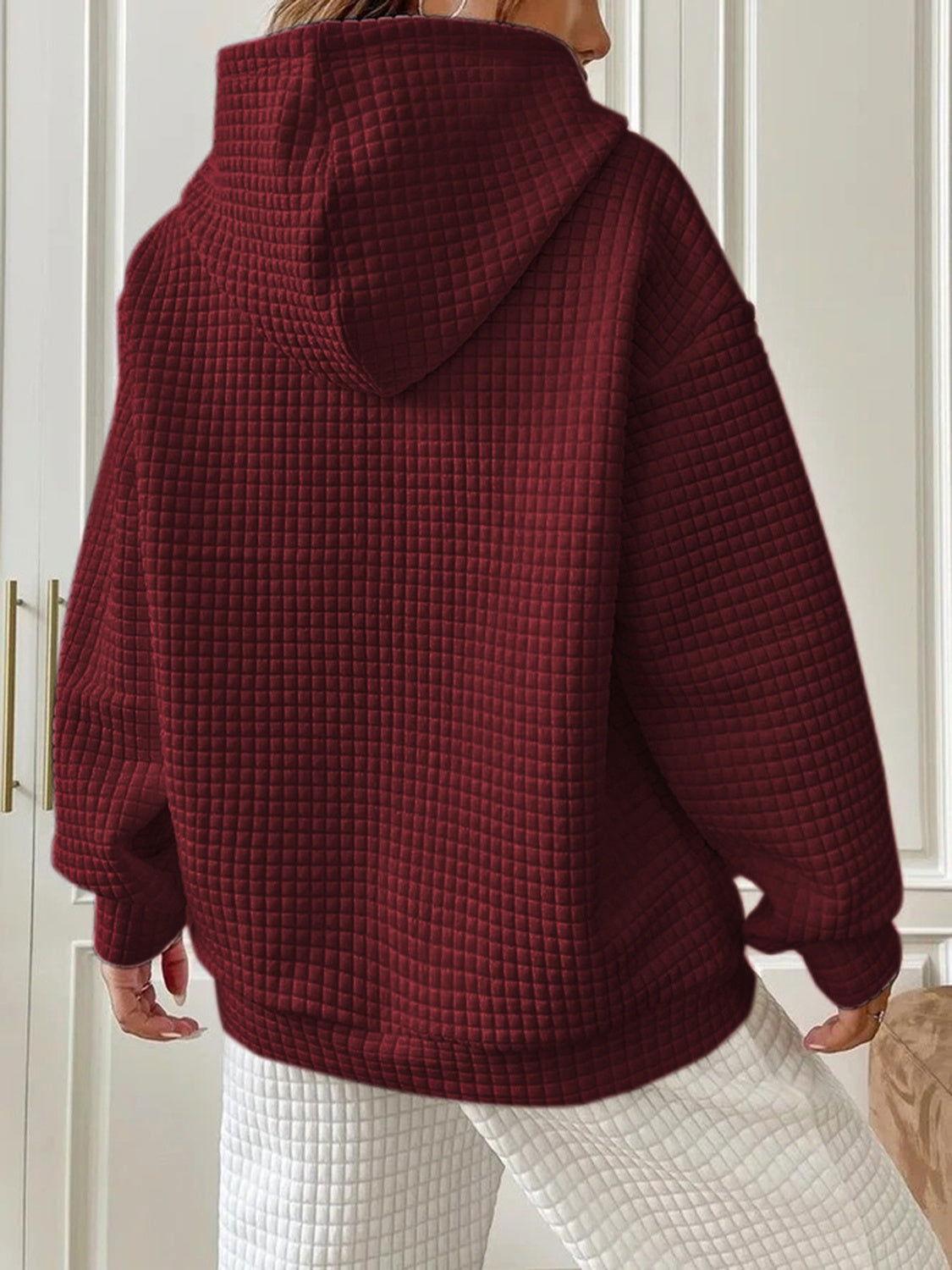 Textured Drawstring Drop Shoulder Hoodie - Clothes For Her Online Store