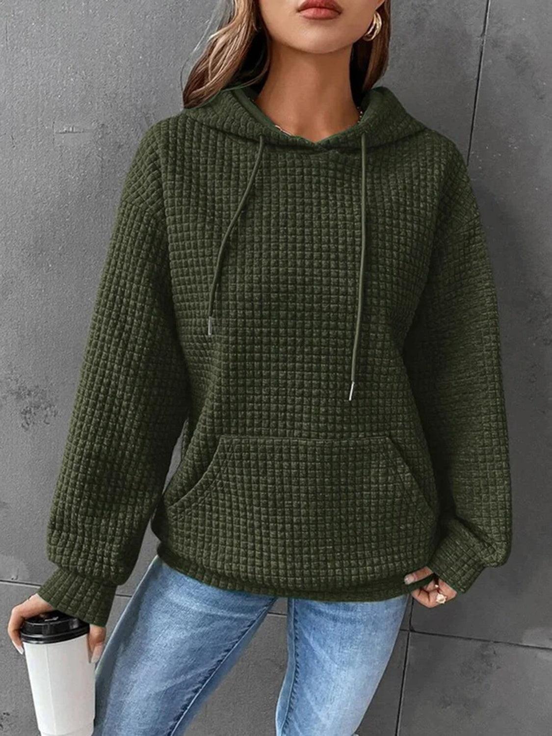 Textured Drawstring Drop Shoulder Hoodie - Clothes For Her Online Store