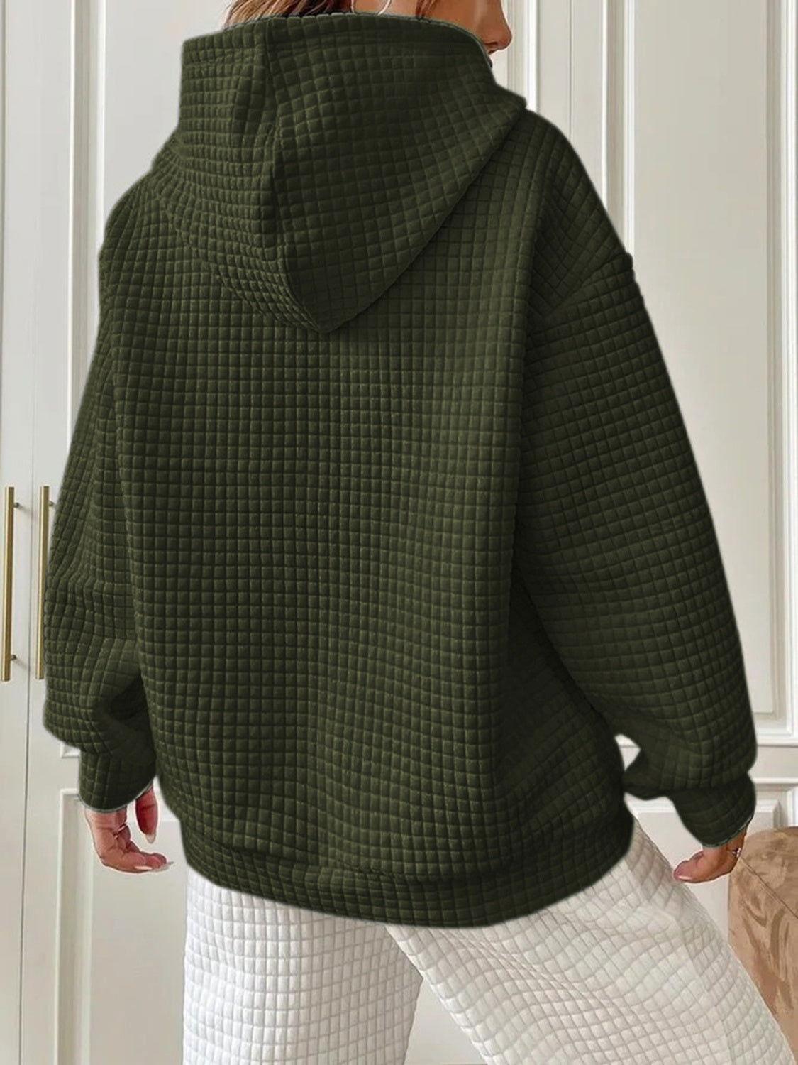 Textured Drawstring Drop Shoulder Hoodie - Clothes For Her Online Store