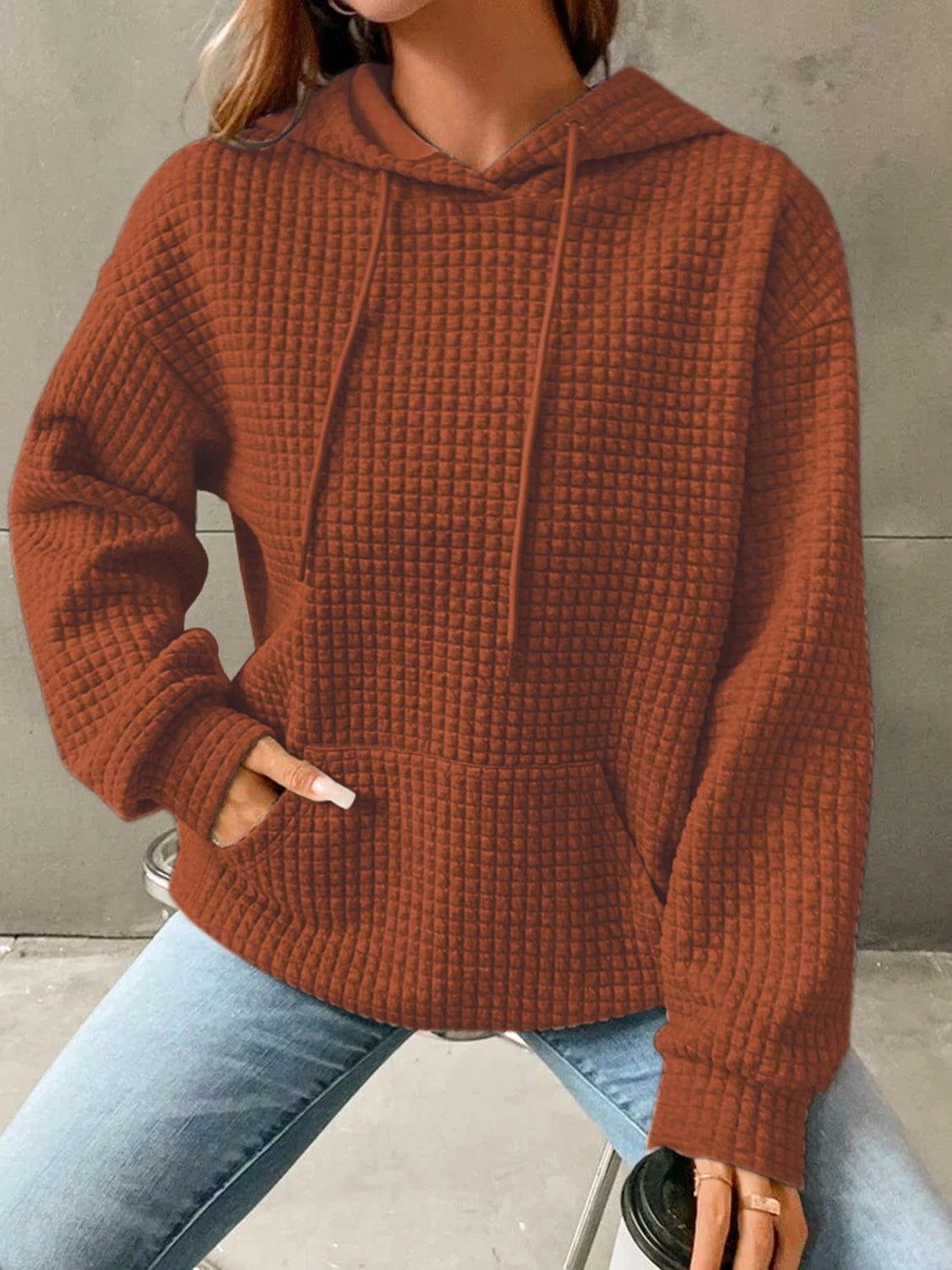 Textured Drawstring Drop Shoulder Hoodie - Clothes For Her Online Store