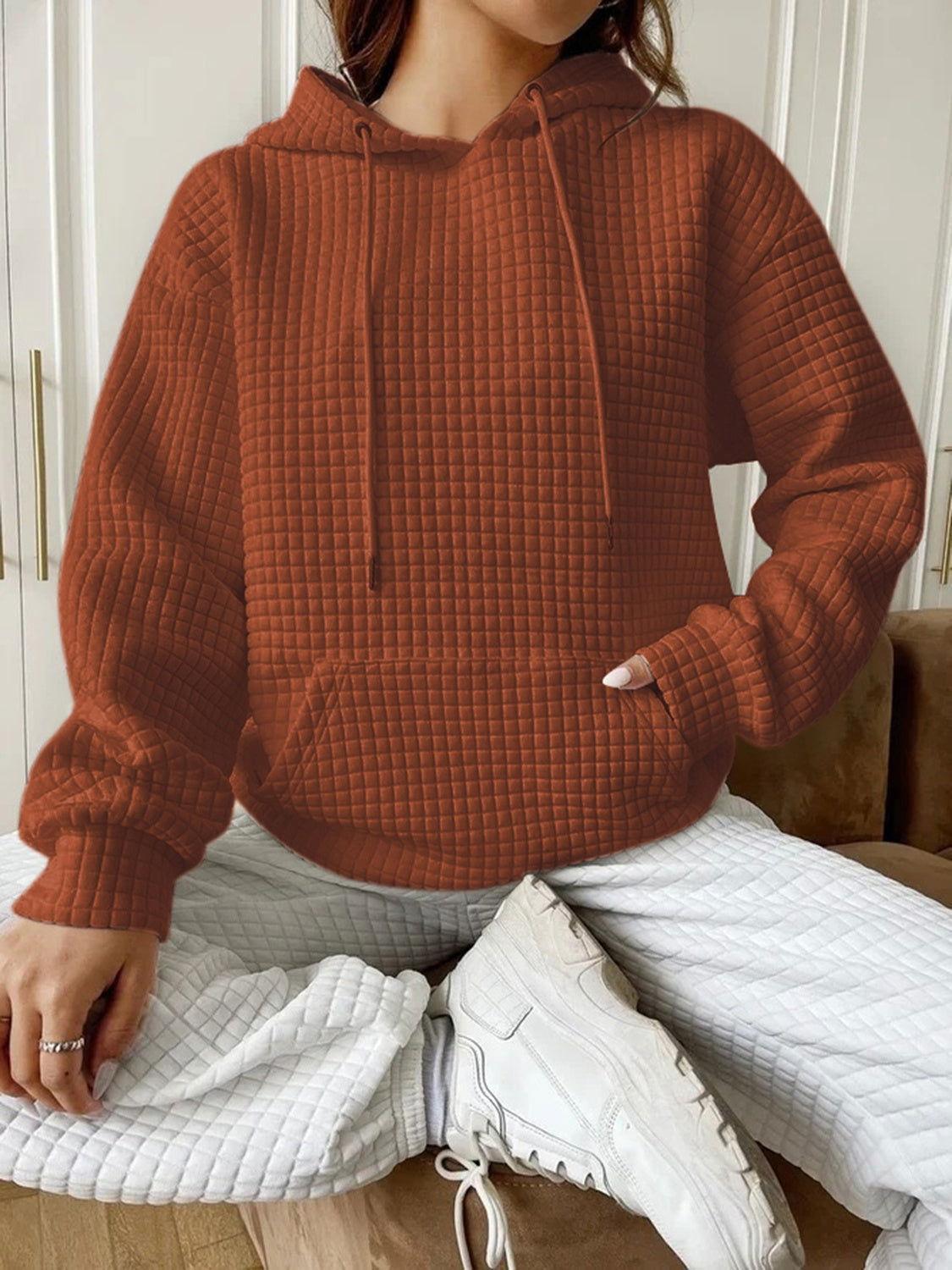 Textured Drawstring Drop Shoulder Hoodie - Clothes For Her Online Store