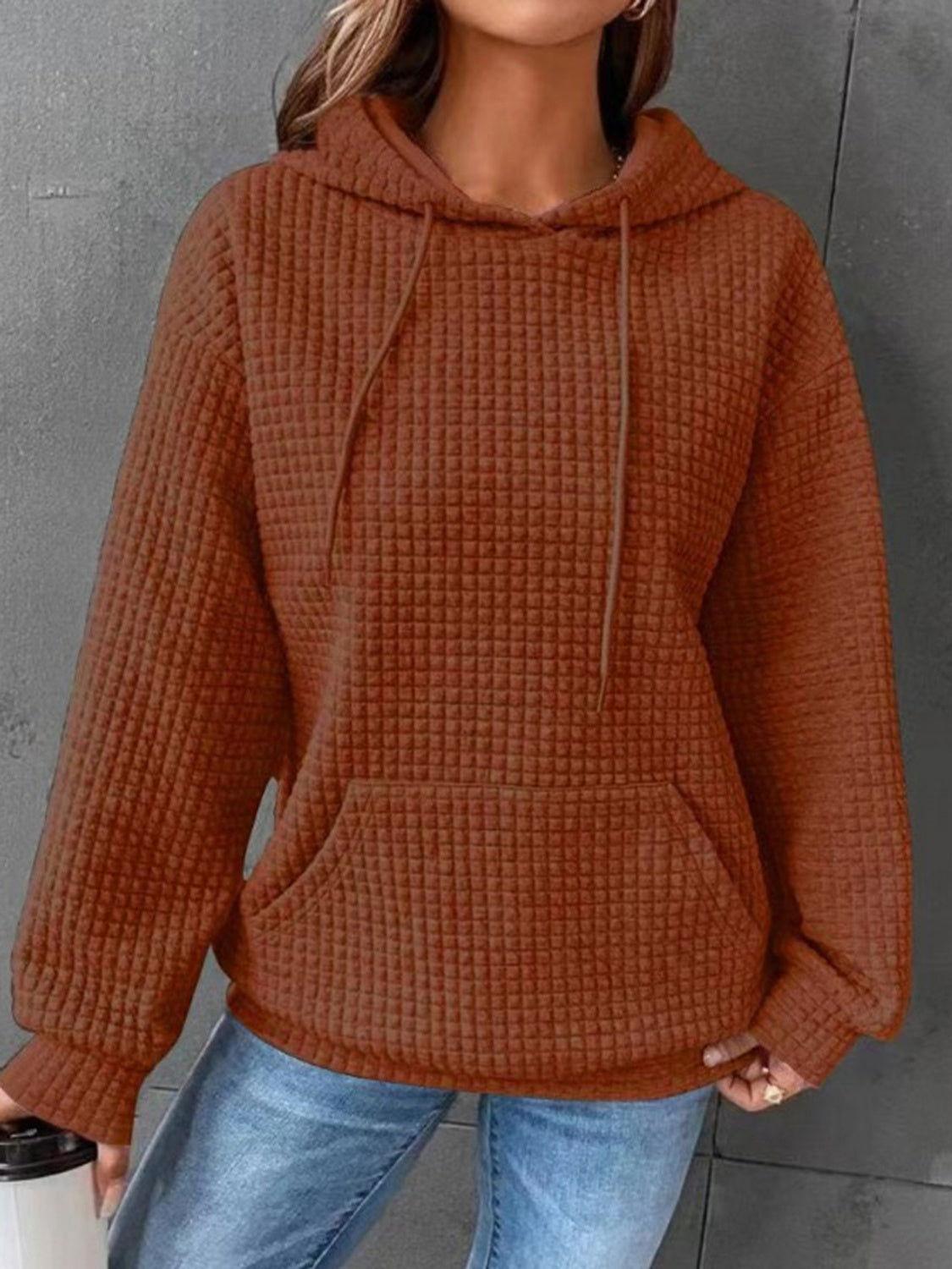 Textured Drawstring Drop Shoulder Hoodie - Clothes For Her Online Store