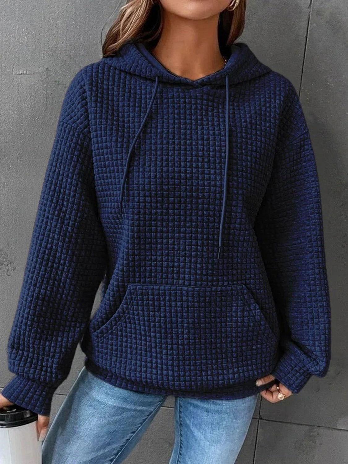 Textured Drawstring Drop Shoulder Hoodie - Clothes For Her Online Store