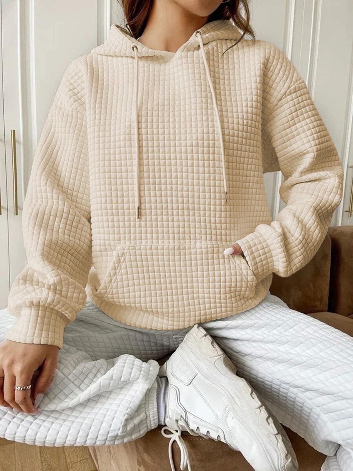 Textured Drawstring Drop Shoulder Hoodie - Clothes For Her Online Store