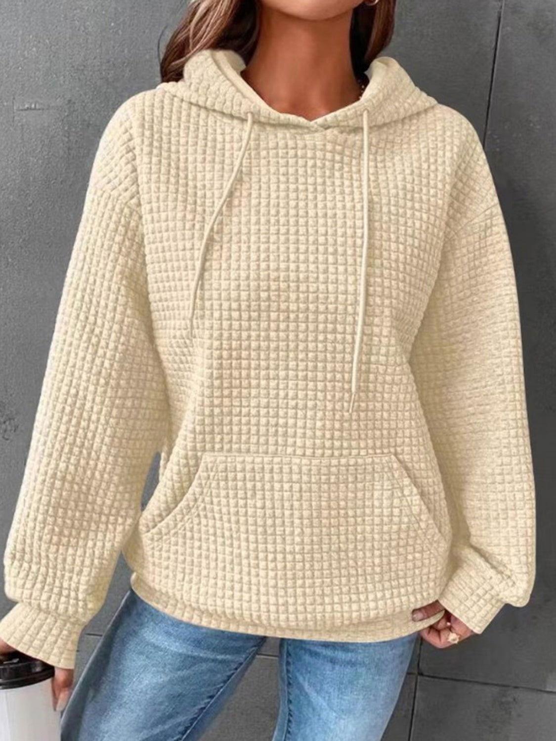 Textured Drawstring Drop Shoulder Hoodie - Clothes For Her Online Store