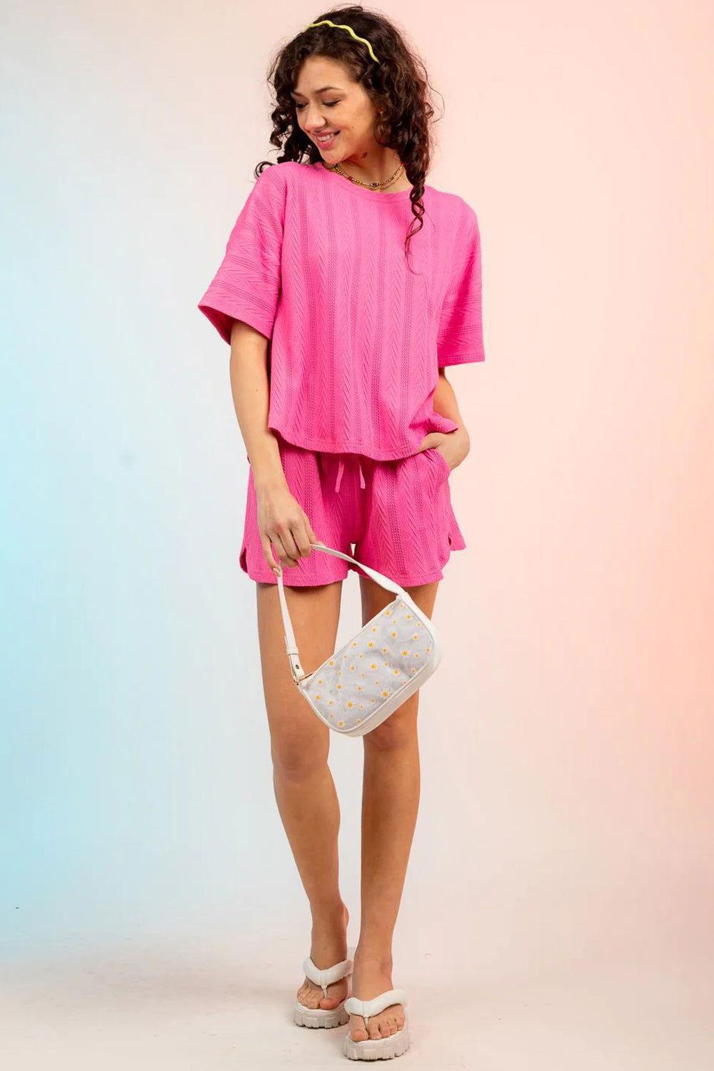 Textured Round Neck Top and Shorts Set - Clothes For Her Online Store