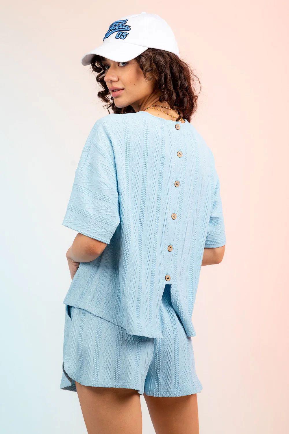 Textured Round Neck Top and Shorts Set - Clothes For Her Online Store