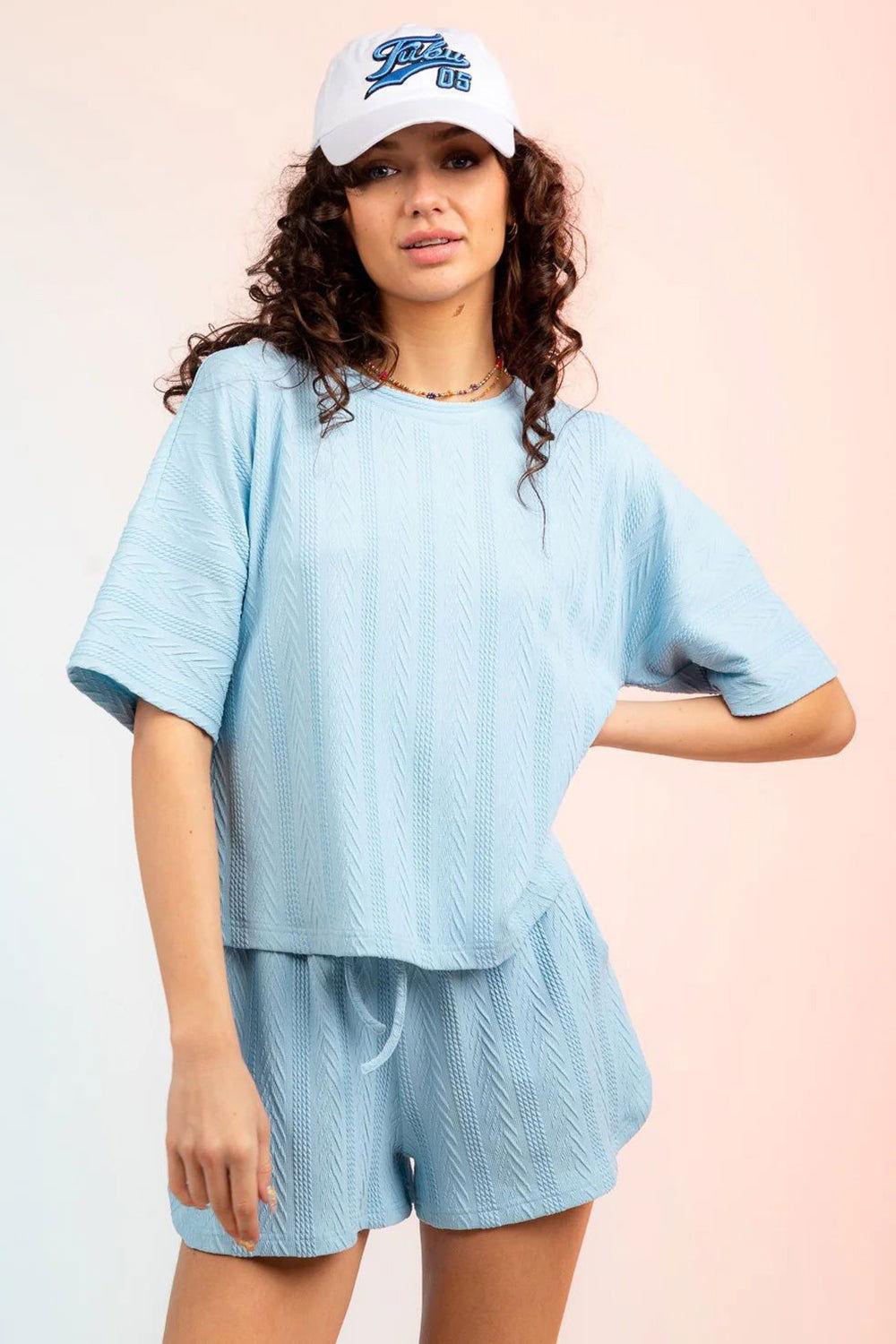 Textured Round Neck Top and Shorts Set - Clothes For Her Online Store