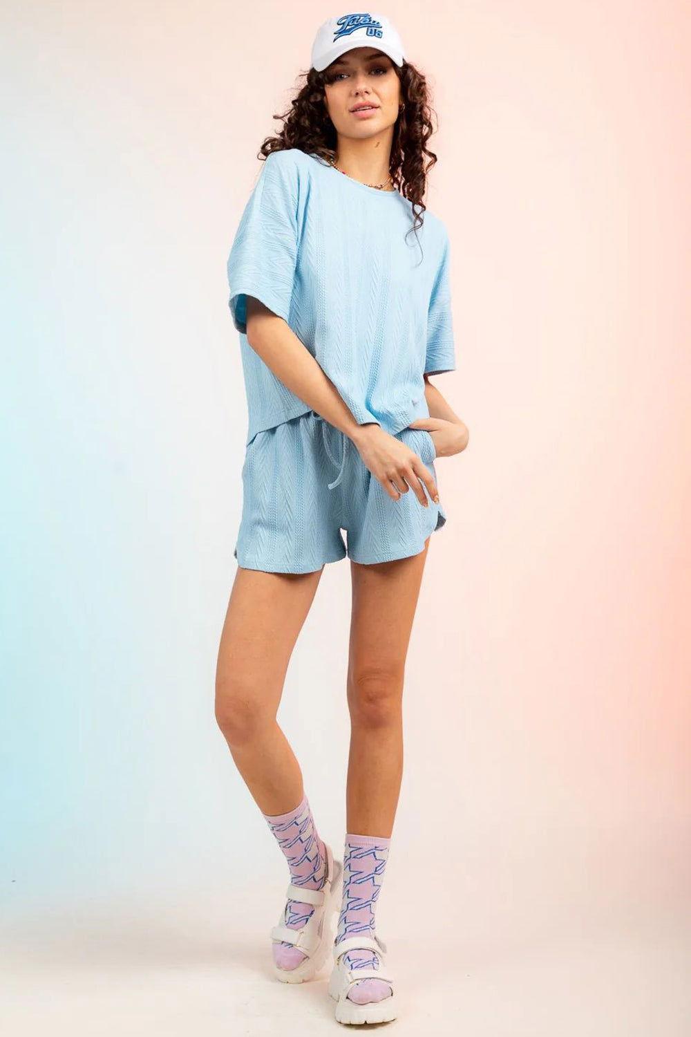 Textured Round Neck Top and Shorts Set - Clothes For Her Online Store