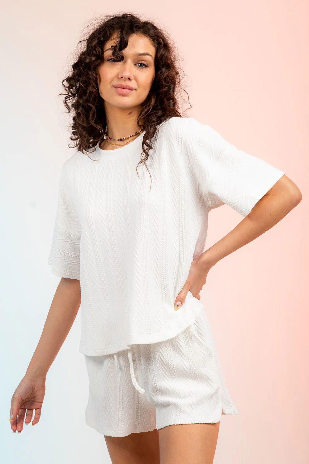 Textured Round Neck Top and Shorts Set - Clothes For Her Online Store