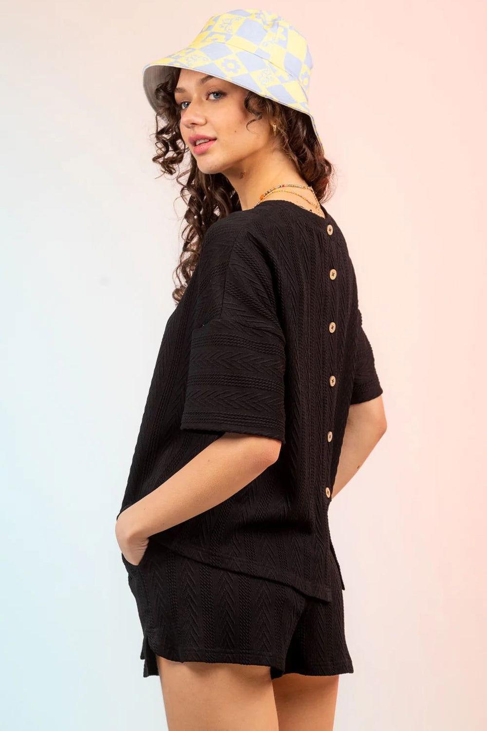 Textured Round Neck Top and Shorts Set - Clothes For Her Online Store