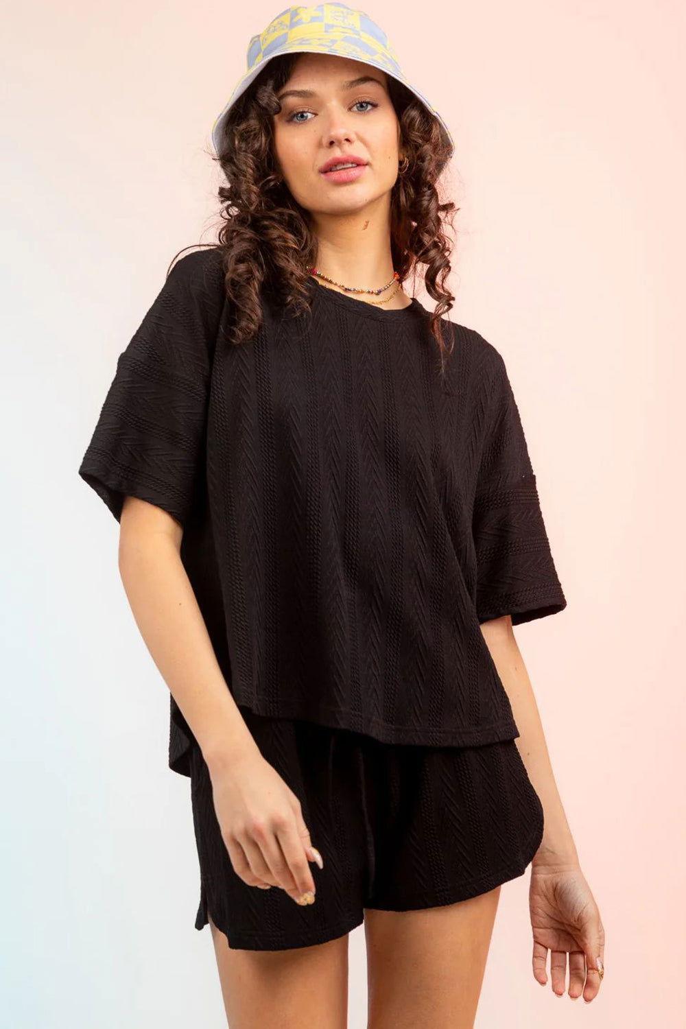 Textured Round Neck Top and Shorts Set - Clothes For Her Online Store
