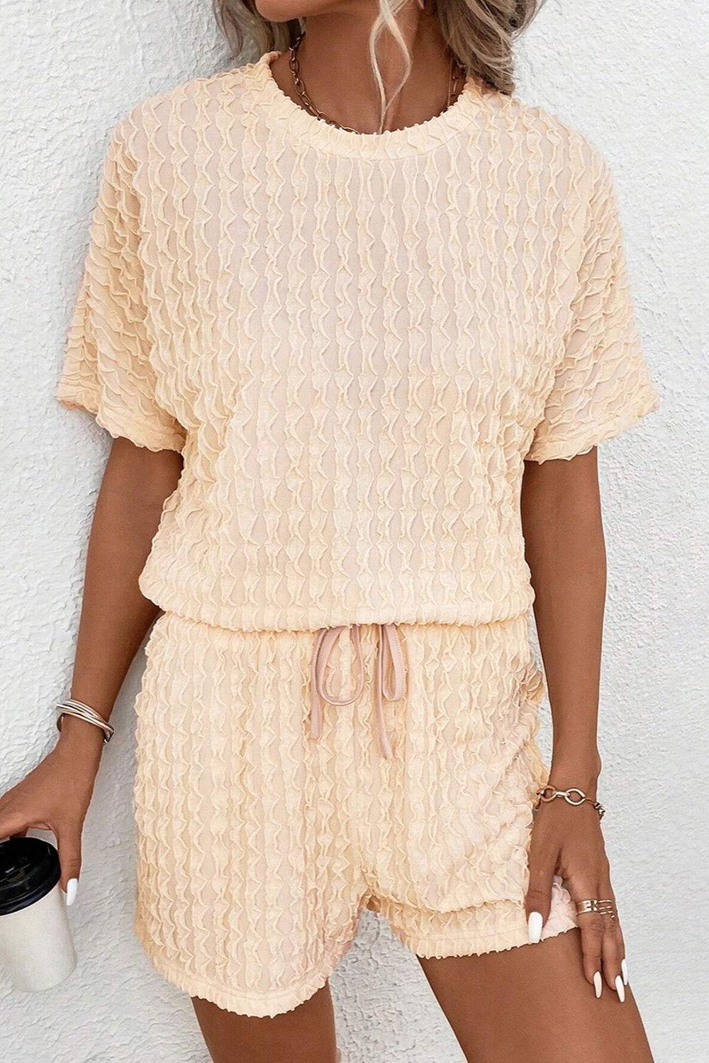 Textured Round Neck Top and Shorts Set - Clothes For Her Online Store
