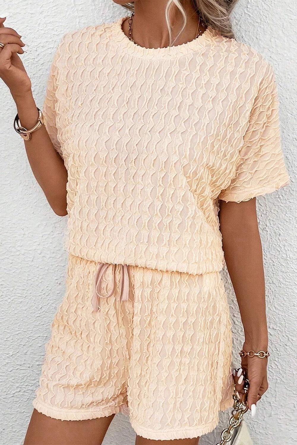 Textured Round Neck Top and Shorts Set - Clothes For Her Online Store