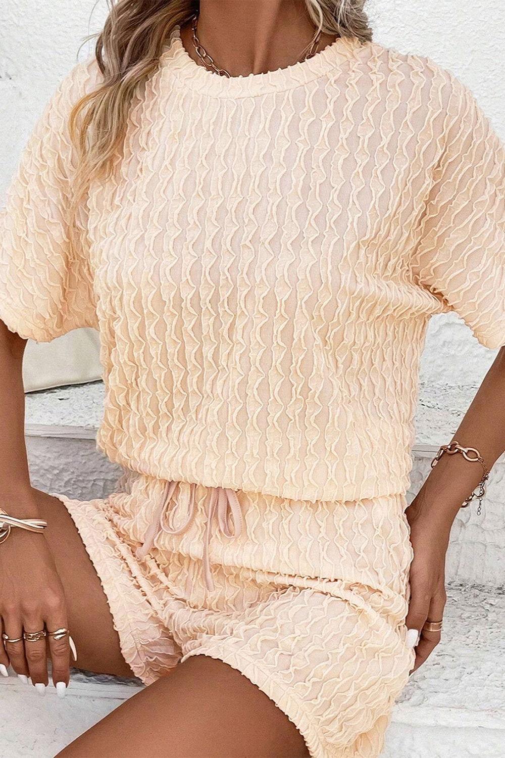 Textured Round Neck Top and Shorts Set - Clothes For Her Online Store