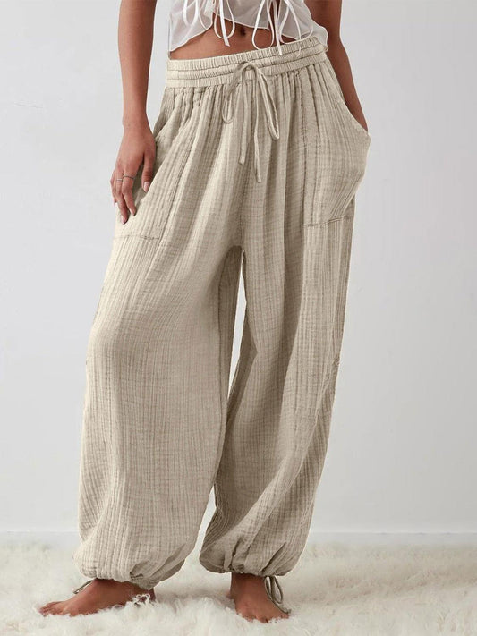 Textured Tied Pants with Pockets - Clothes For Her Online Store