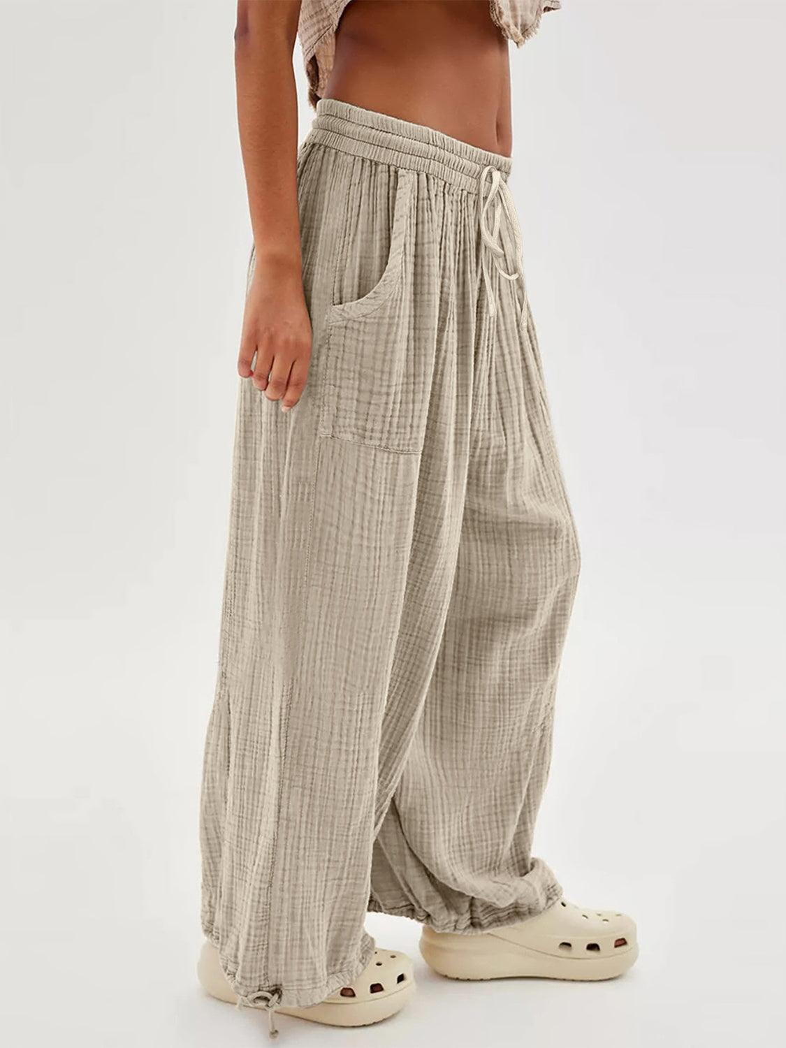 Textured Tied Pants with Pockets - Clothes For Her Online Store