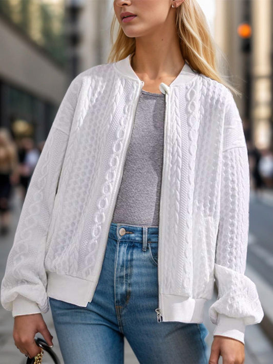 Textured Zip Up Dropped Shoulder Jacket - Clothes For Her Online Store
