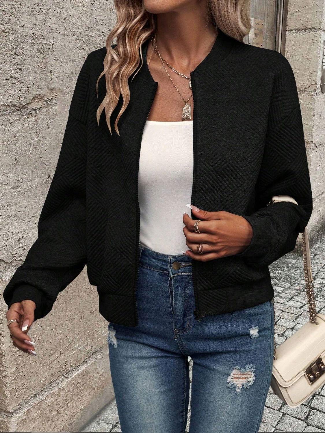 Textured Zip Up Long Sleeve Jacket - Clothes For Her Online Store
