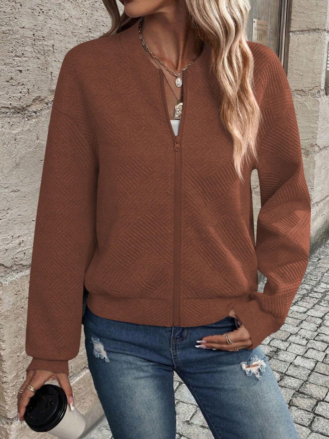 Textured Zip Up Long Sleeve Jacket - Clothes For Her Online Store