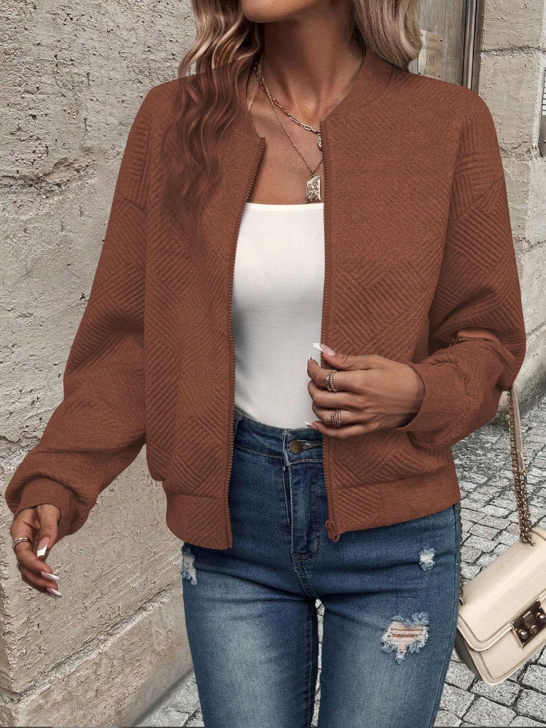 Textured Zip Up Long Sleeve Jacket - Clothes For Her Online Store