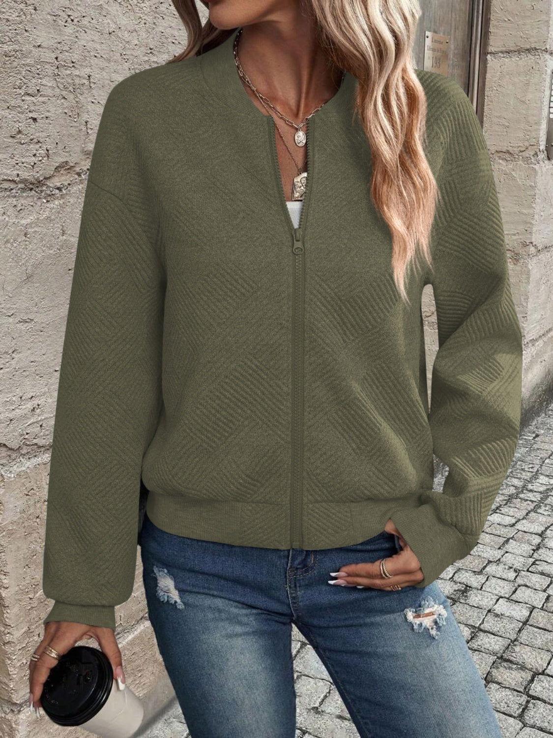 Textured Zip Up Long Sleeve Jacket - Clothes For Her Online Store