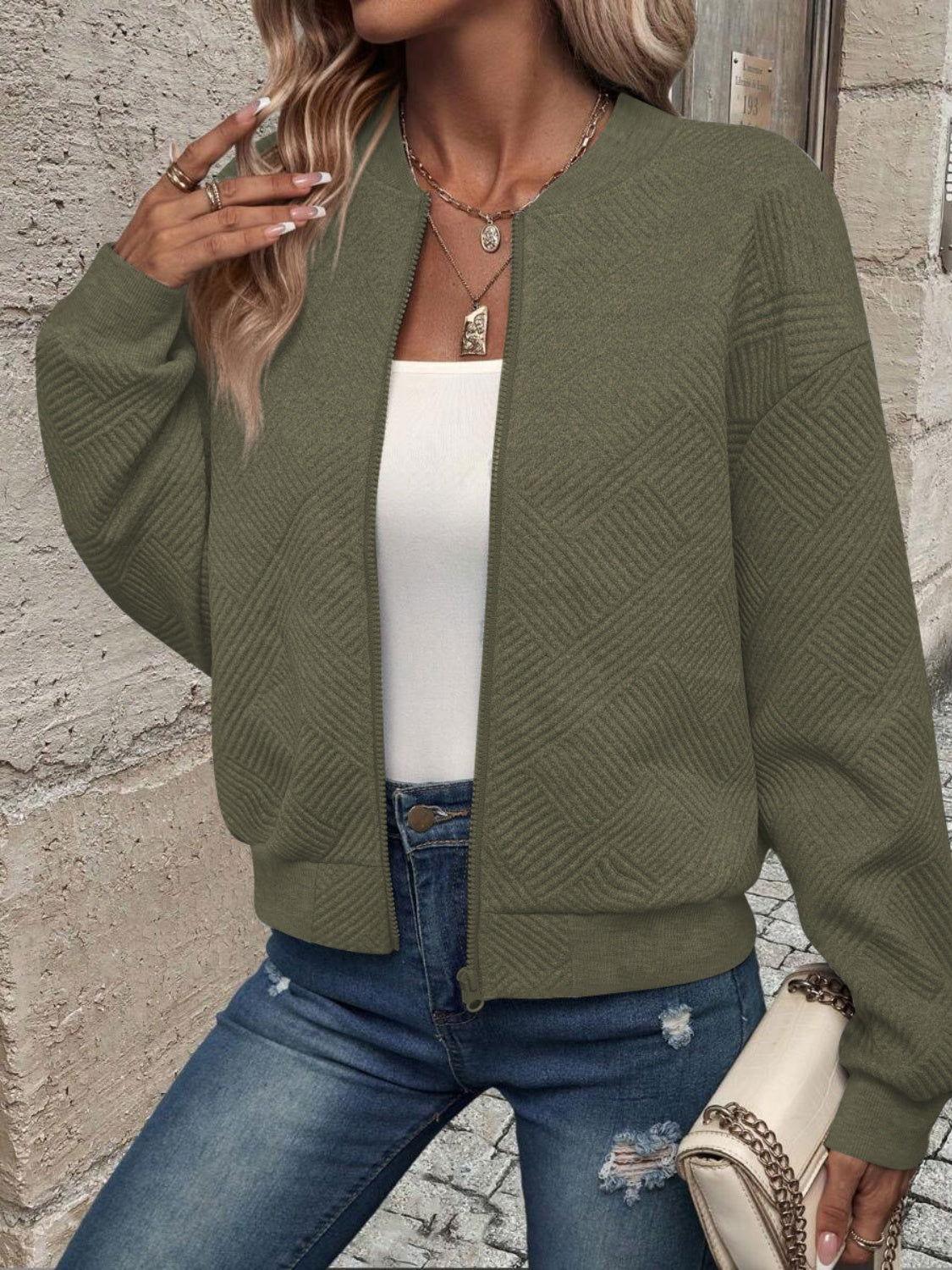 Textured Zip Up Long Sleeve Jacket - Clothes For Her Online Store