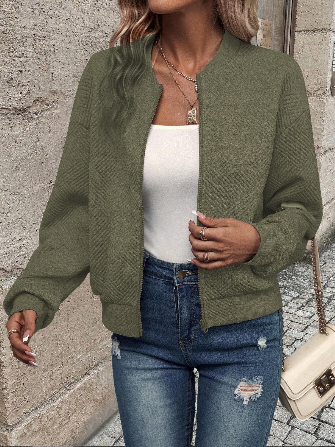Textured Zip Up Long Sleeve Jacket - Clothes For Her Online Store
