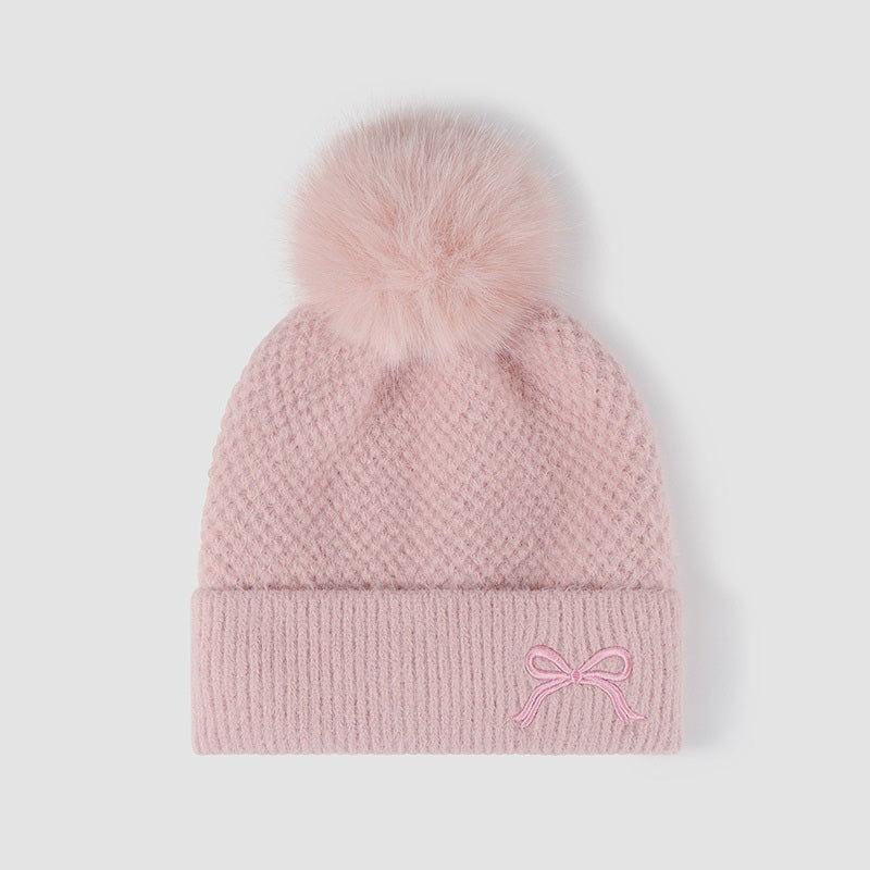 Thermal Bow Knit Hat with Pompom - Clothes For Her Online Store